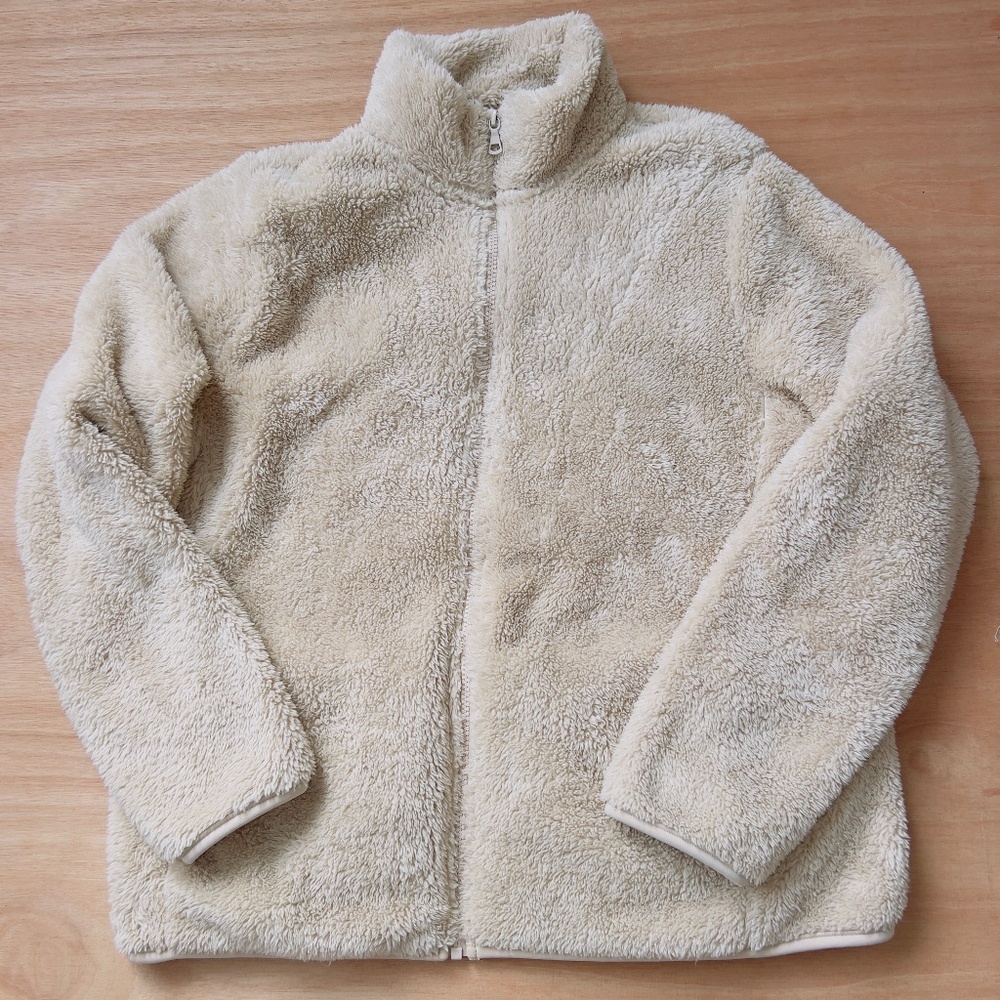 Uniqlo fluffy yarn fleece full zip jacket size XL soft cozy teddy beige shacket